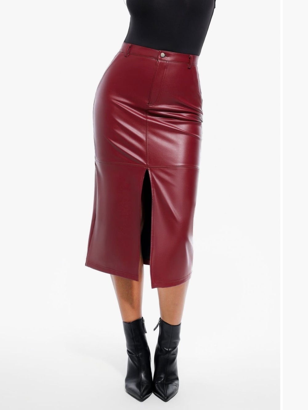 ✨New Faux Leather Burgundy Midi Pencil Skirt with Front Slit ✨